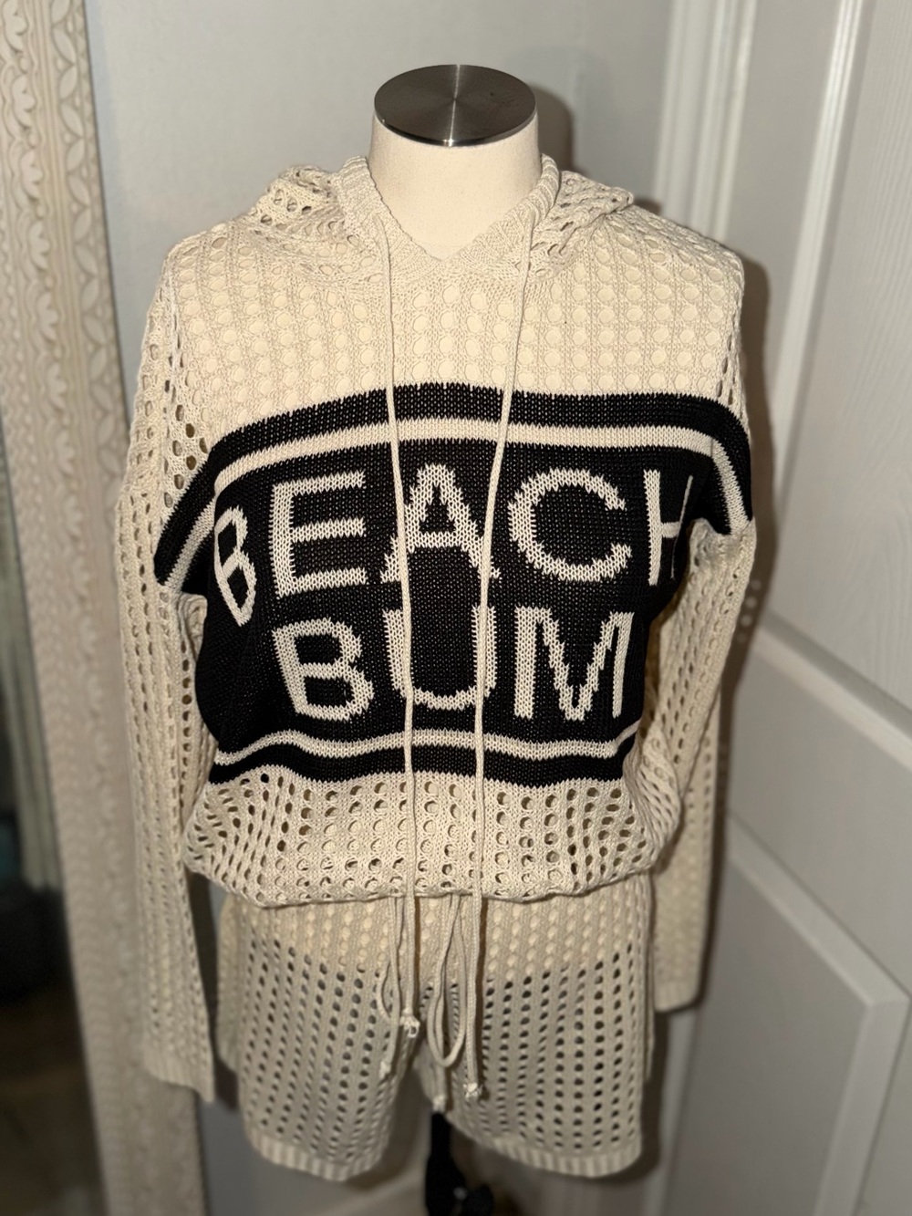 Beach Bum Crochet Hoodie & Shorts Coverup Set - Cream/Black - Picture 2 of 9